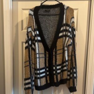 Vici Tan, Black & White Fuzzy Plaid Open-Front Cardigan